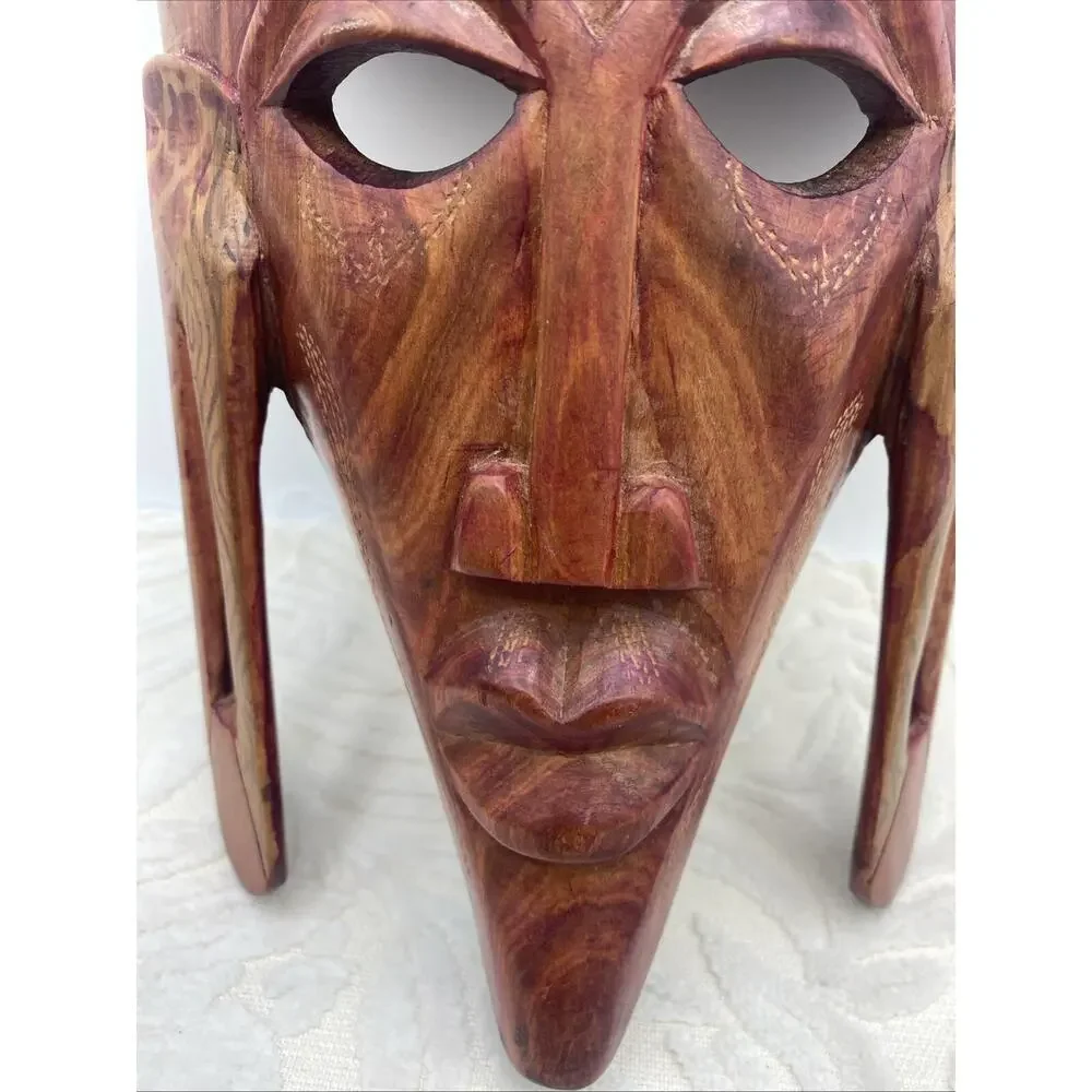 Vintage African WOOD MASK Tribal Art-long ears-wall hanging-hand carved 14”